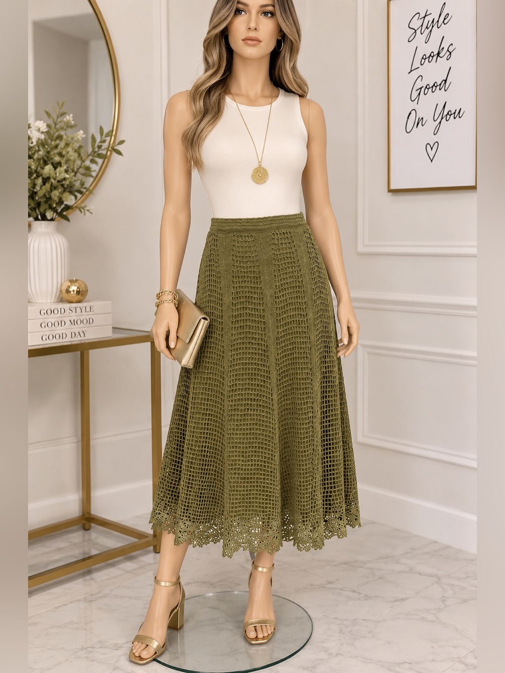 Very Vera Olive Green Crochet Maxi Skirt Lace Trim Size S